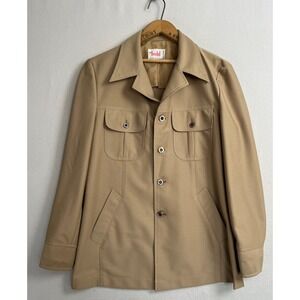 VINTAGE Mens 70s Jacket Safari Shacket Khaki Button Up Size 42 Medium Big Collar